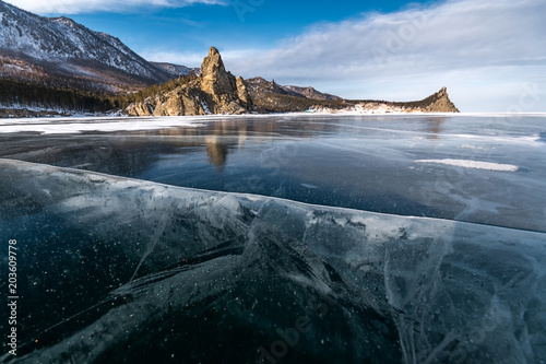 Beautiful crack on the ice of Lake Baikal