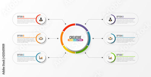 Abstract elements of graph Vector infographic template with label, integrated circles. Business concept with 6 options. For content, diagram, flowchart, steps, parts, timeline infographic, workflow.