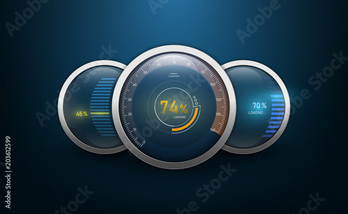 speedometers for dashboard. Analog device for measuring speed and futuristic, technology gauge with or pointer for vehicle panel, web download speed sign