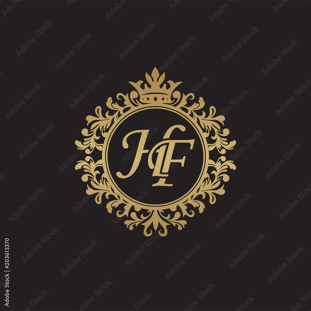 Initial letter HF, overlapping monogram logo, decorative ornament badge, elegant luxury golden color
