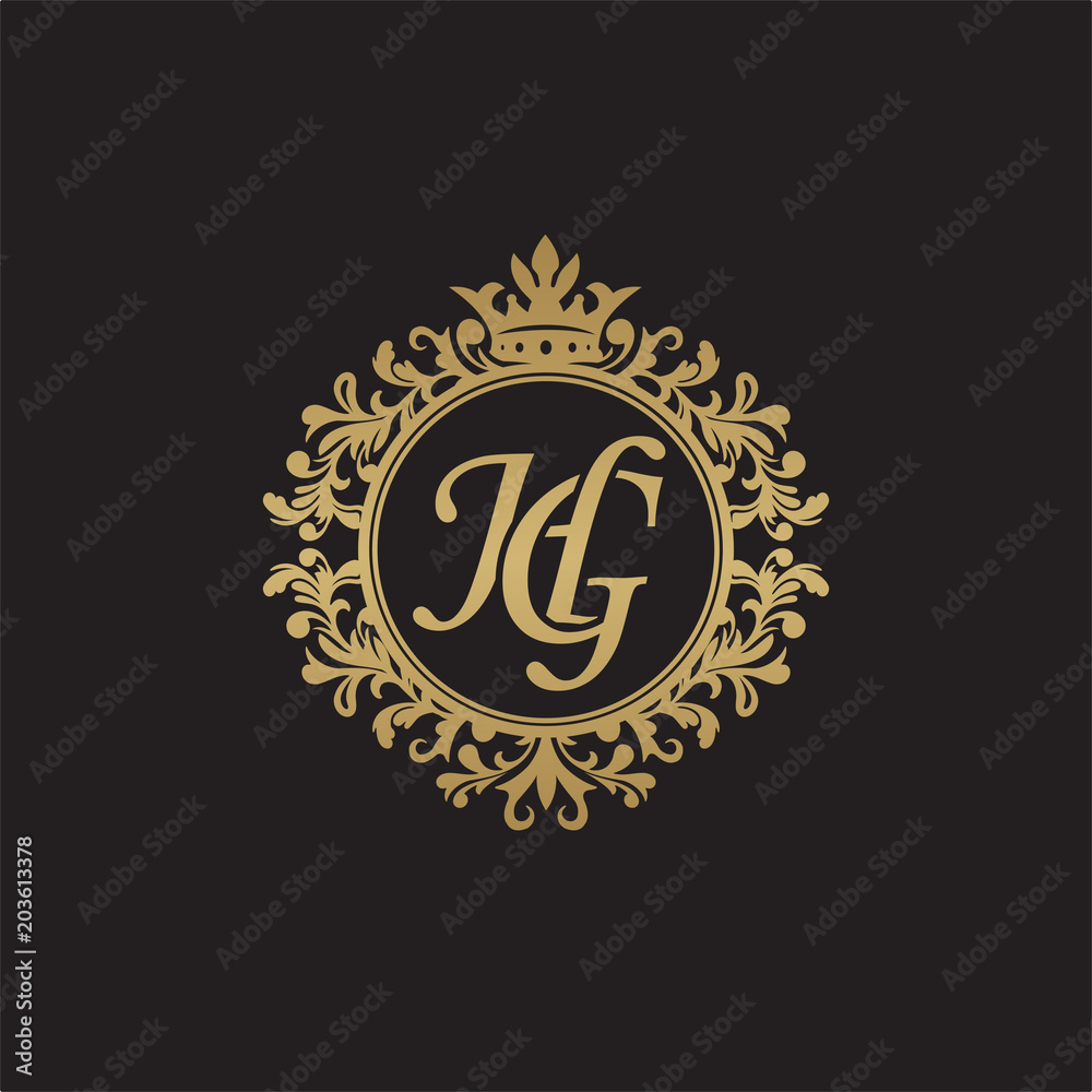 Fototapeta premium Initial letter HG, overlapping monogram logo, decorative ornament badge, elegant luxury golden color