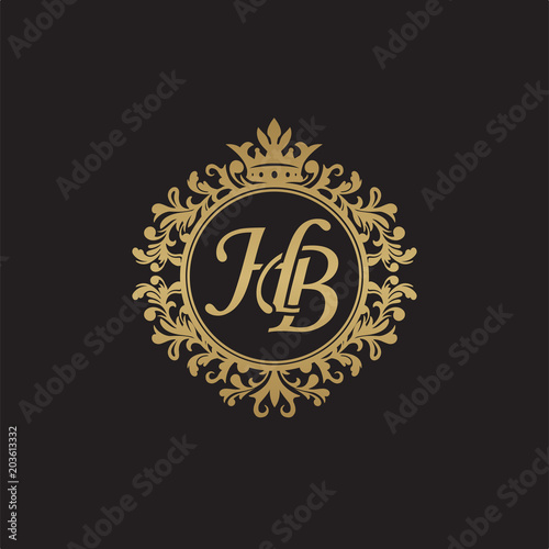 Initial letter HB, overlapping monogram logo, decorative ornament badge, elegant luxury golden color