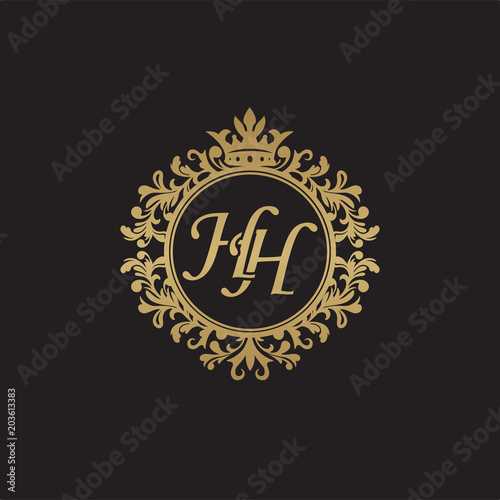 Initial letter HH, overlapping monogram logo, decorative ornament badge, elegant luxury golden color