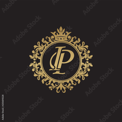 Initial letter IP, overlapping monogram logo, decorative ornament badge, elegant luxury golden color