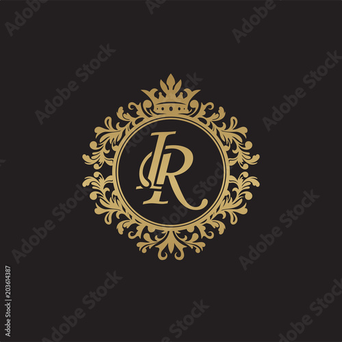 Initial letter IR, overlapping monogram logo, decorative ornament badge, elegant luxury golden color