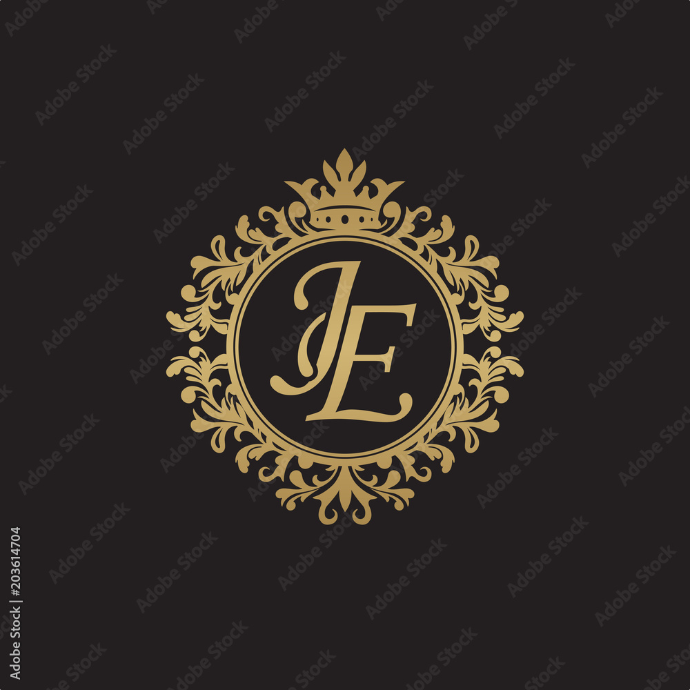 Initial letter JE, overlapping monogram logo, decorative ornament badge, elegant luxury golden color
