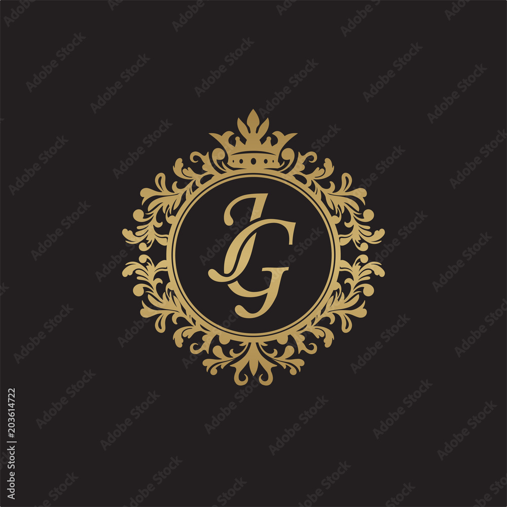 Naklejka premium Initial letter JG, overlapping monogram logo, decorative ornament badge, elegant luxury golden color
