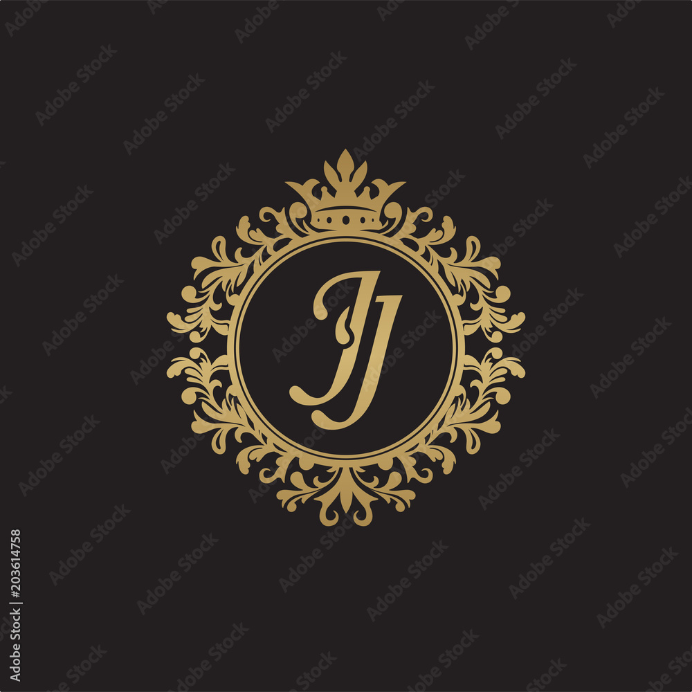Initial letter JJ, overlapping monogram logo, decorative ornament badge, elegant luxury golden color