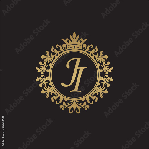 Initial letter JI, overlapping monogram logo, decorative ornament badge, elegant luxury golden color