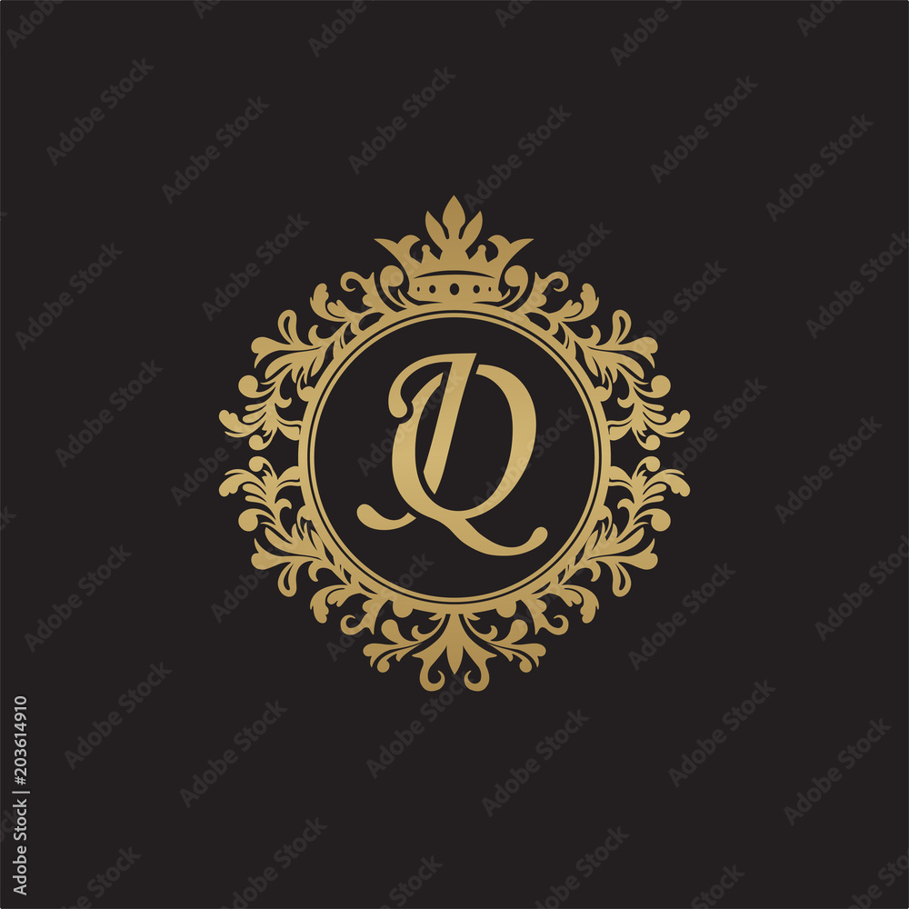 Fototapeta premium Initial letter JQ, overlapping monogram logo, decorative ornament badge, elegant luxury golden color