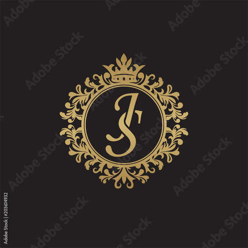 Initial letter JS, overlapping monogram logo, decorative ornament badge, elegant luxury golden color