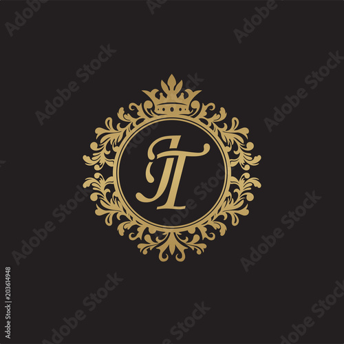 Initial letter JT, overlapping monogram logo, decorative ornament badge, elegant luxury golden color