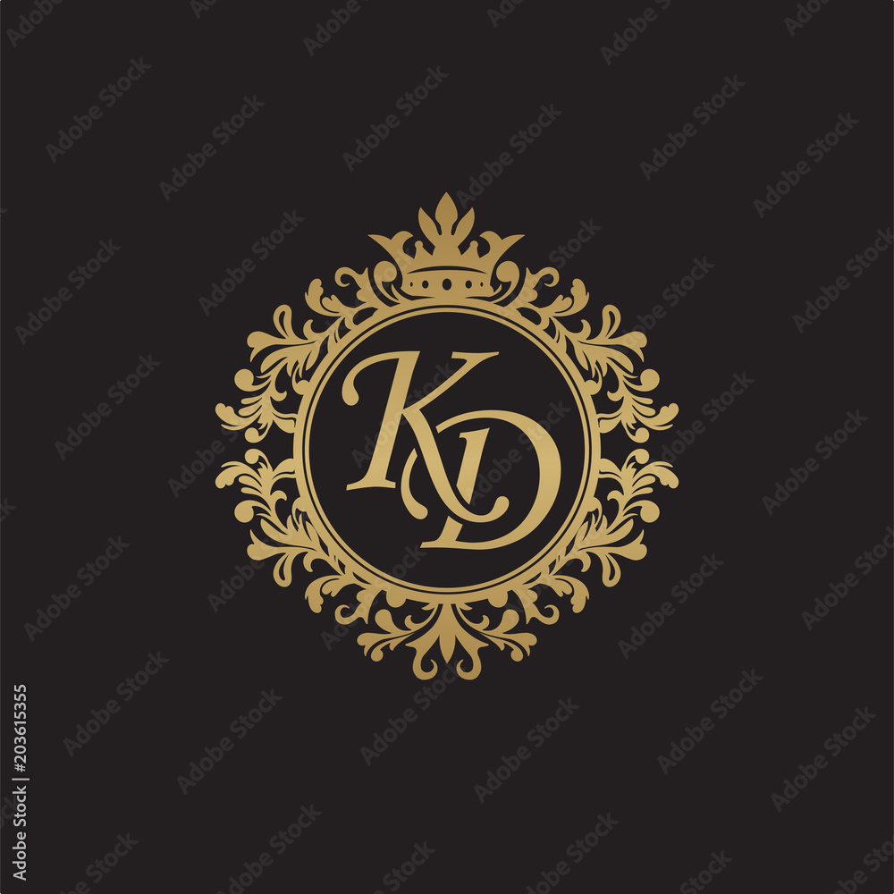 Initial letter KD, overlapping monogram logo, decorative ornament badge, elegant luxury golden color Initial letter KD, overlapping monogram logo, decorative ornament badge, elegant luxury golden color