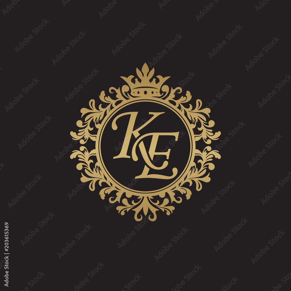 Initial letter KE, overlapping monogram logo, decorative ornament badge, elegant luxury golden color