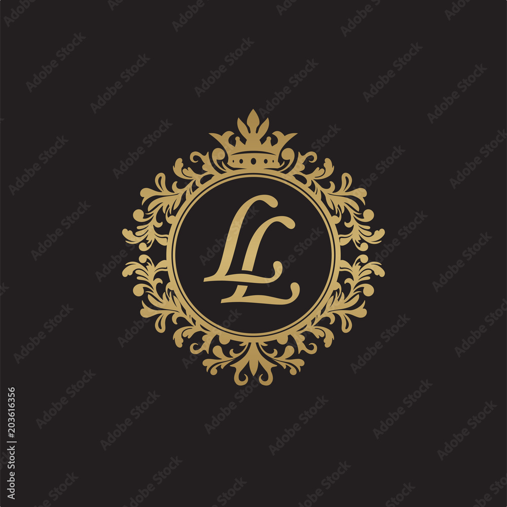 Fototapeta premium Initial letter LL, overlapping monogram logo, decorative ornament badge, elegant luxury golden color