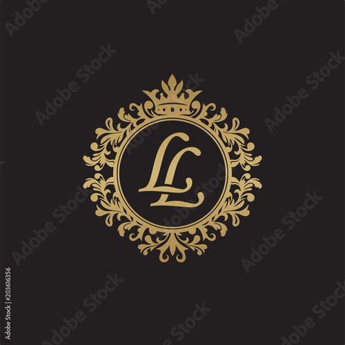 Initial letter LL, overlapping monogram logo, decorative ornament badge, elegant luxury golden color