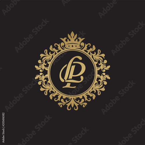 Initial letter LP, overlapping monogram logo, decorative ornament badge, elegant luxury golden color