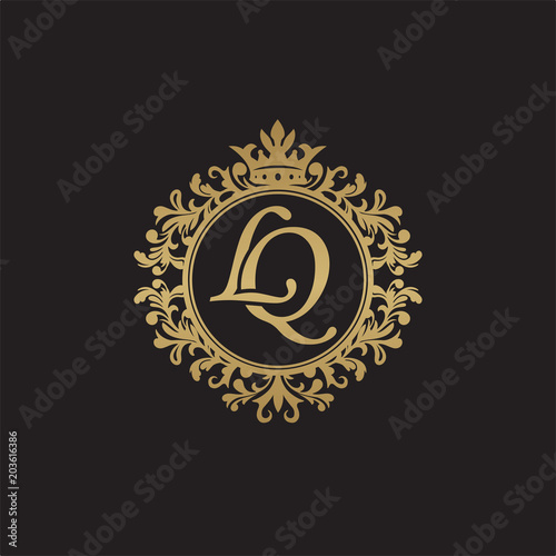 Initial letter LQ, overlapping monogram logo, decorative ornament badge, elegant luxury golden color