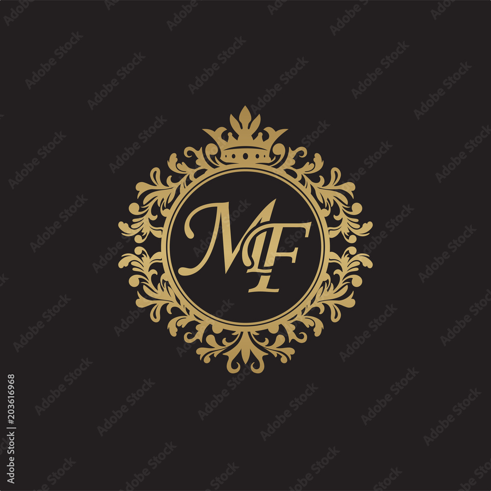 Initial letter MF, overlapping monogram logo, decorative ornament badge, elegant luxury golden color