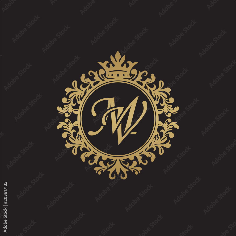 Naklejka premium Initial letter MV, overlapping monogram logo, decorative ornament badge, elegant luxury golden color