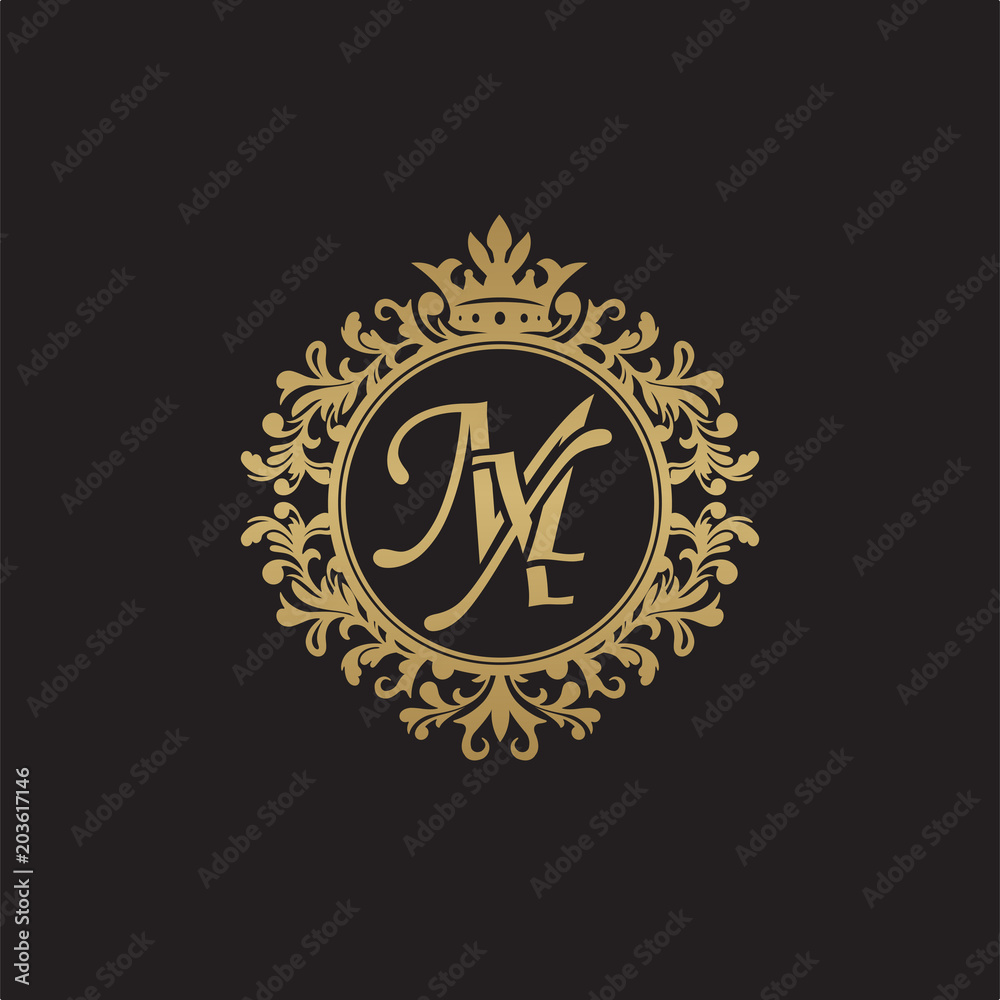 Initial letter MX, overlapping monogram logo, decorative ornament badge, elegant luxury golden color