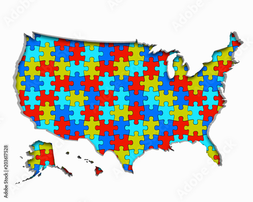 United States of America USA Puzzle Pieces Map Working Together 3d Illustration photo