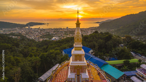 aerial view beautiful Phra That Phanom pagoda in Doi Thepnimith temple on Patong hilltop. on Doi Thepnimit temple is the highest hill you can see Patong panorama view