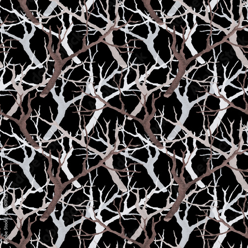floral seamless pattern with twigs in sketch watercolor style on black background.