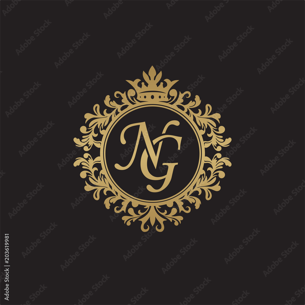 Initial letter NG, overlapping monogram logo, decorative ornament badge, elegant luxury golden color
