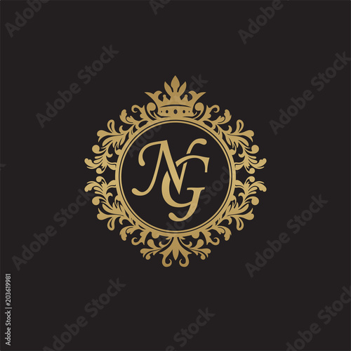 Initial letter NG, overlapping monogram logo, decorative ornament badge, elegant luxury golden color