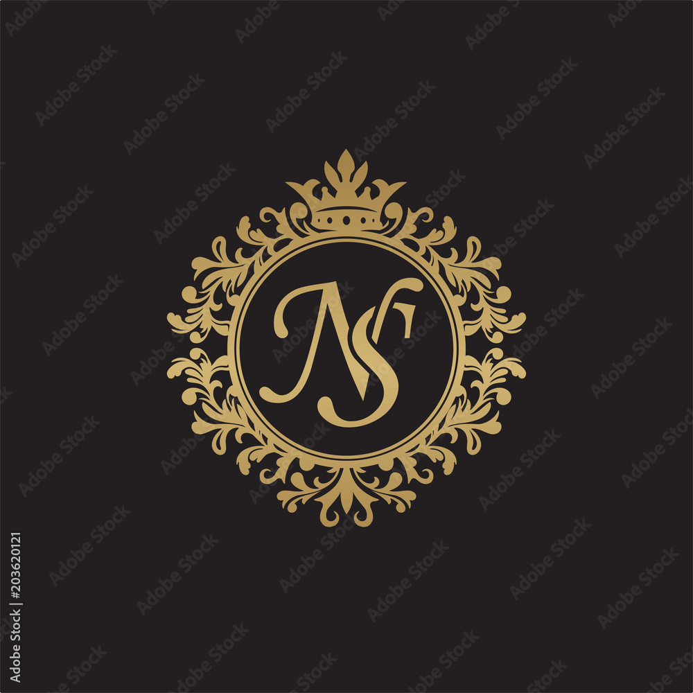 Initial letter NS, overlapping monogram logo, decorative ornament badge, elegant luxury golden color