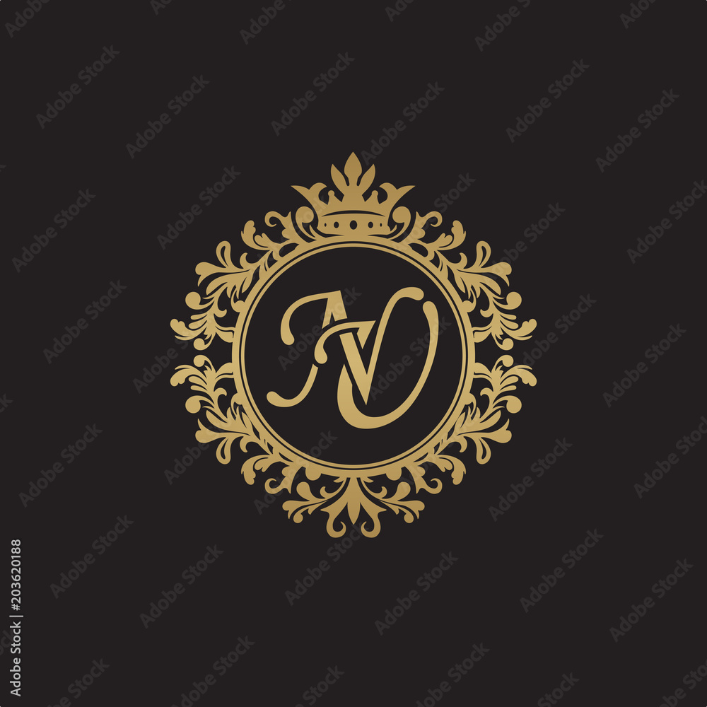 Fototapeta premium Initial letter NU, overlapping monogram logo, decorative ornament badge, elegant luxury golden color