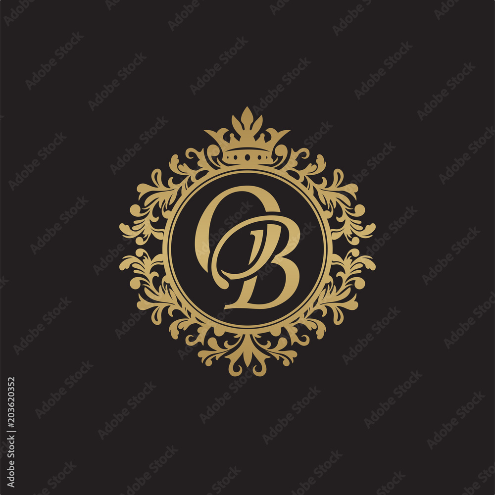 Initial letter OB, overlapping monogram logo, decorative ornament badge, elegant luxury golden color