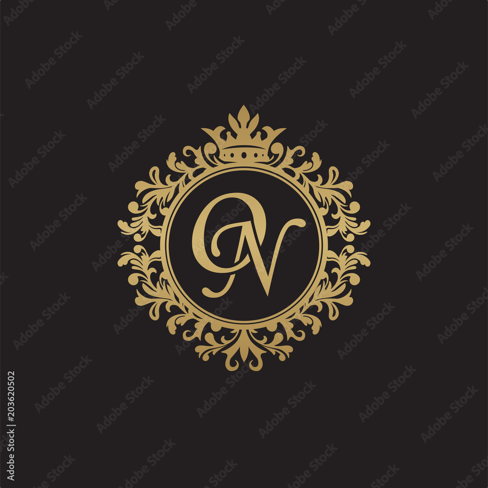 Initial letter ON, overlapping monogram logo, decorative ornament badge, elegant luxury golden color