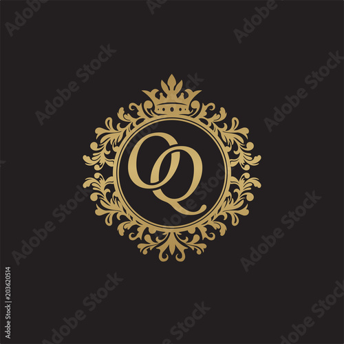 Initial letter OQ, overlapping monogram logo, decorative ornament badge, elegant luxury golden color