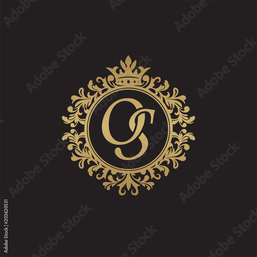 Initial letter OS, overlapping monogram logo, decorative ornament badge, elegant luxury golden color