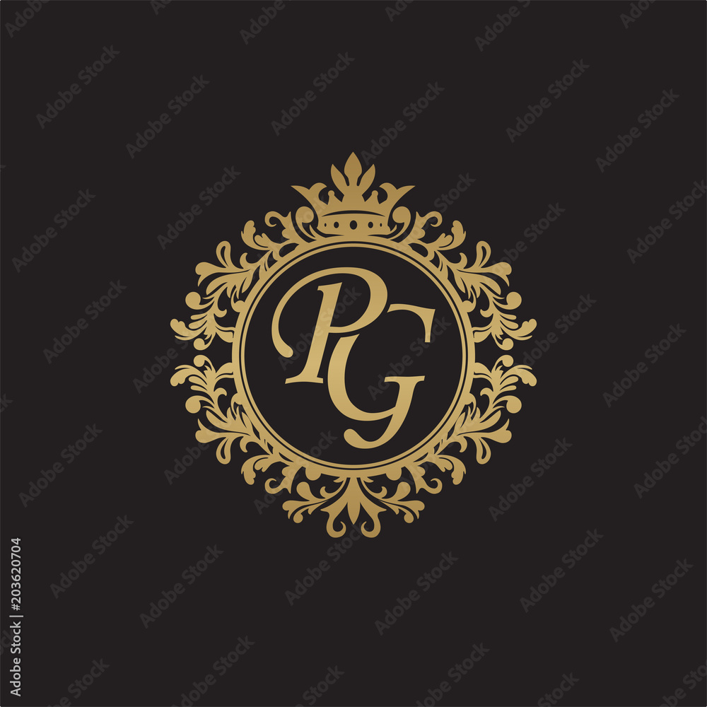 Initial letter PG, overlapping monogram logo, decorative ornament badge, elegant luxury golden color