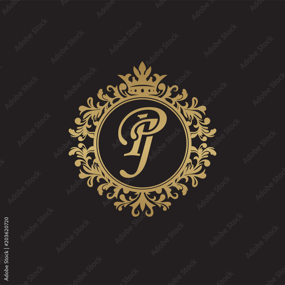 Initial letter PJ, overlapping monogram logo, decorative ornament badge, elegant luxury golden color Initial letter PJ, overlapping monogram logo, decorative ornament badge, elegant luxury golden color