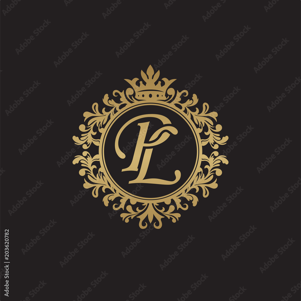 Initial letter PL, overlapping monogram logo, decorative ornament badge, elegant luxury golden color Initial letter PL, overlapping monogram logo, decorative ornament badge, elegant luxury golden color