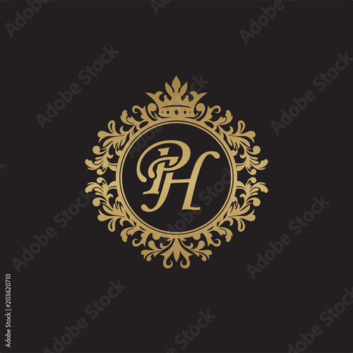Initial letter PH, overlapping monogram logo, decorative ornament badge, elegant luxury golden color