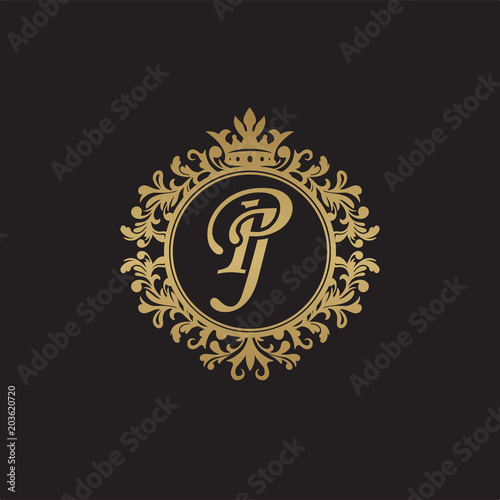 Initial letter PJ, overlapping monogram logo, decorative ornament badge, elegant luxury golden color