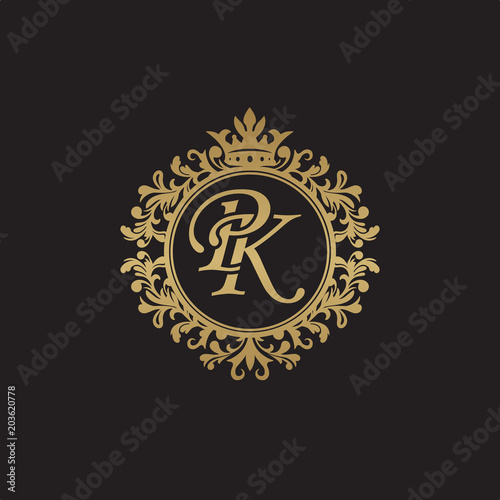 Initial letter PK, overlapping monogram logo, decorative ornament badge, elegant luxury golden color