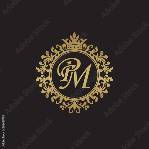 Initial letter PM, overlapping monogram logo, decorative ornament badge, elegant luxury golden color