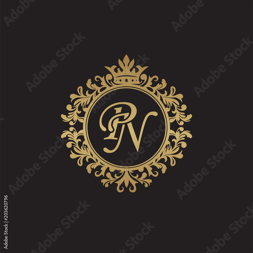 Initial letter PN, overlapping monogram logo, decorative ornament badge, elegant luxury golden color
