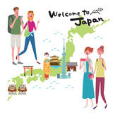 インバウンド　イラスト　観光客　日本地図

