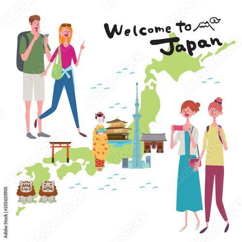 インバウンド　イラスト　観光客　日本地図
