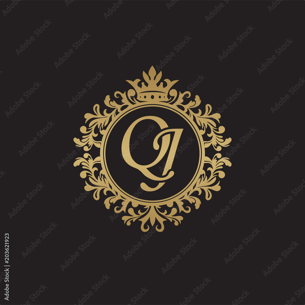 Initial letter QJ, overlapping monogram logo, decorative ornament badge, elegant luxury golden color