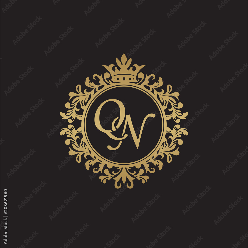 Initial letter QN, overlapping monogram logo, decorative ornament badge, elegant luxury golden color