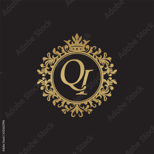 Initial letter QI, overlapping monogram logo, decorative ornament badge, elegant luxury golden color