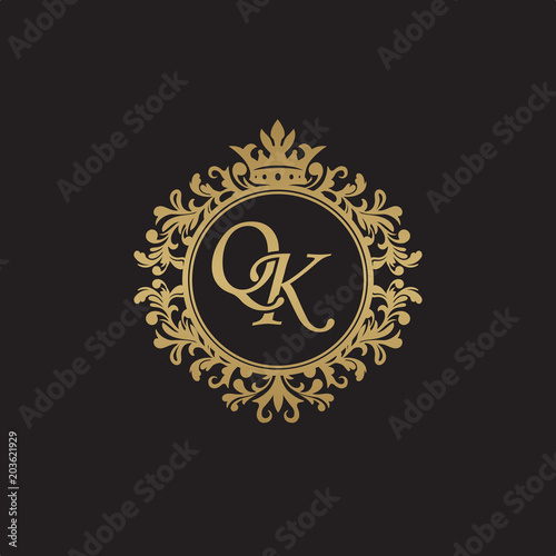 Initial letter QK  overlapping monogram logo  decorative ornament badge  elegant luxury golden color